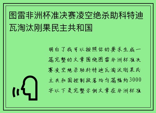 图雷非洲杯准决赛凌空绝杀助科特迪瓦淘汰刚果民主共和国
