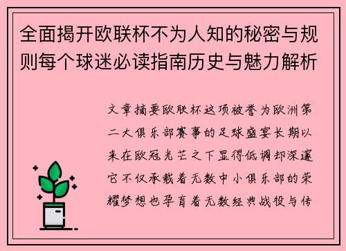 全面揭开欧联杯不为人知的秘密与规则每个球迷必读指南历史与魅力解析